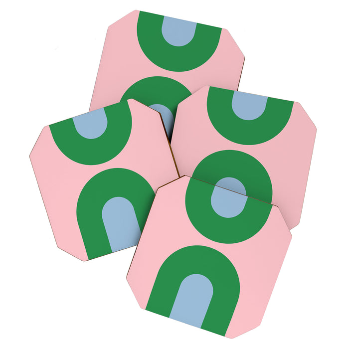 Bold Minimal Double Arch Pattern in Pink, Green, and Pastel Blue Coaster Gallery Image 1