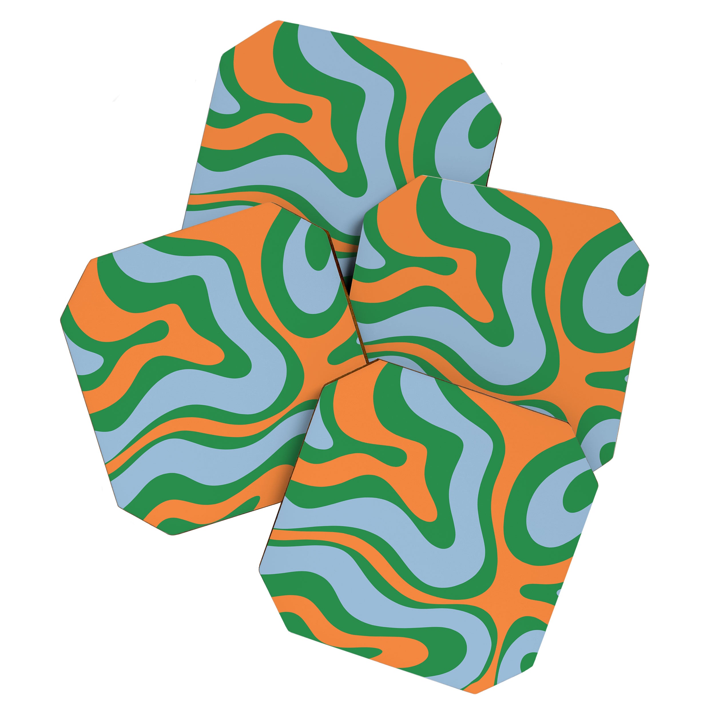 Bold Modern Retro Liquid Swirl Abstract Pattern Green Orange Baby Blue Coaster Gallery Image 1