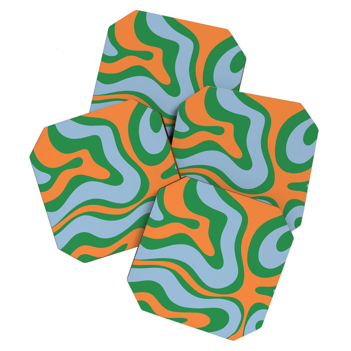 Bold Modern Retro Liquid Swirl Abstract Pattern Green Orange Baby Blue Coaster Gallery Image 1