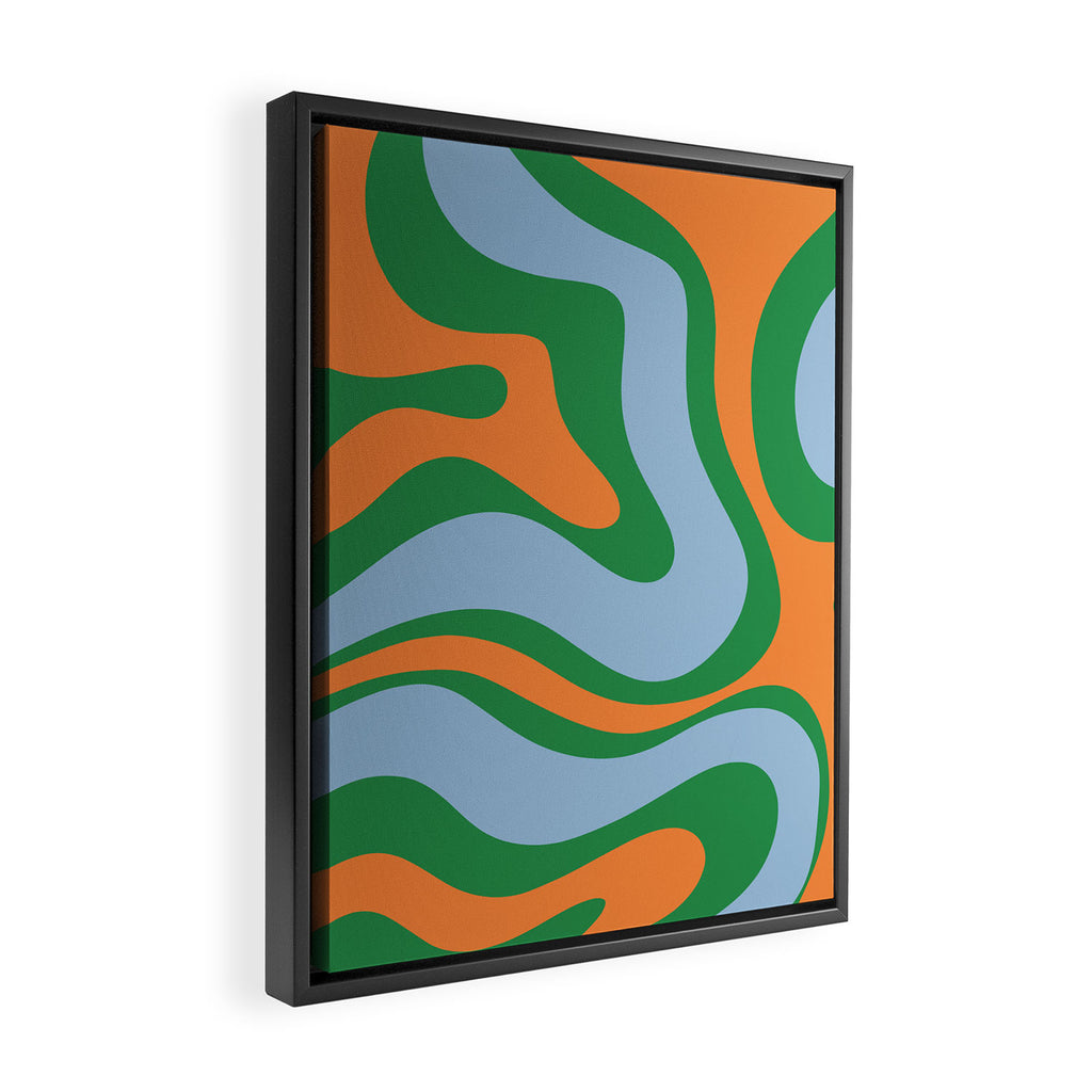 Bold Modern Retro Liquid Swirl Abstract Pattern Green Orange Baby Blue Framed Canvas Print Gallery Image 2