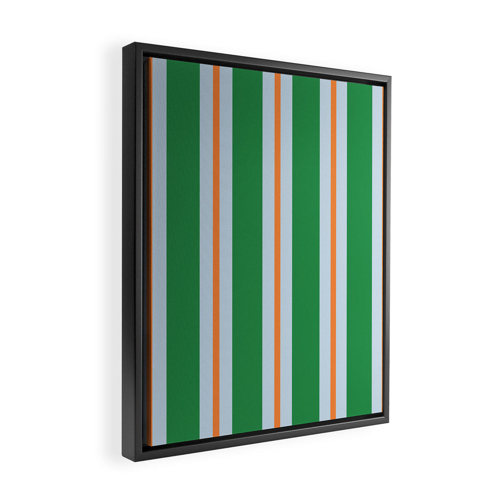 Bold Stripe Pattern in Green, Baby Blue, and Orange Framed Canvas Print Gallery Image 2
