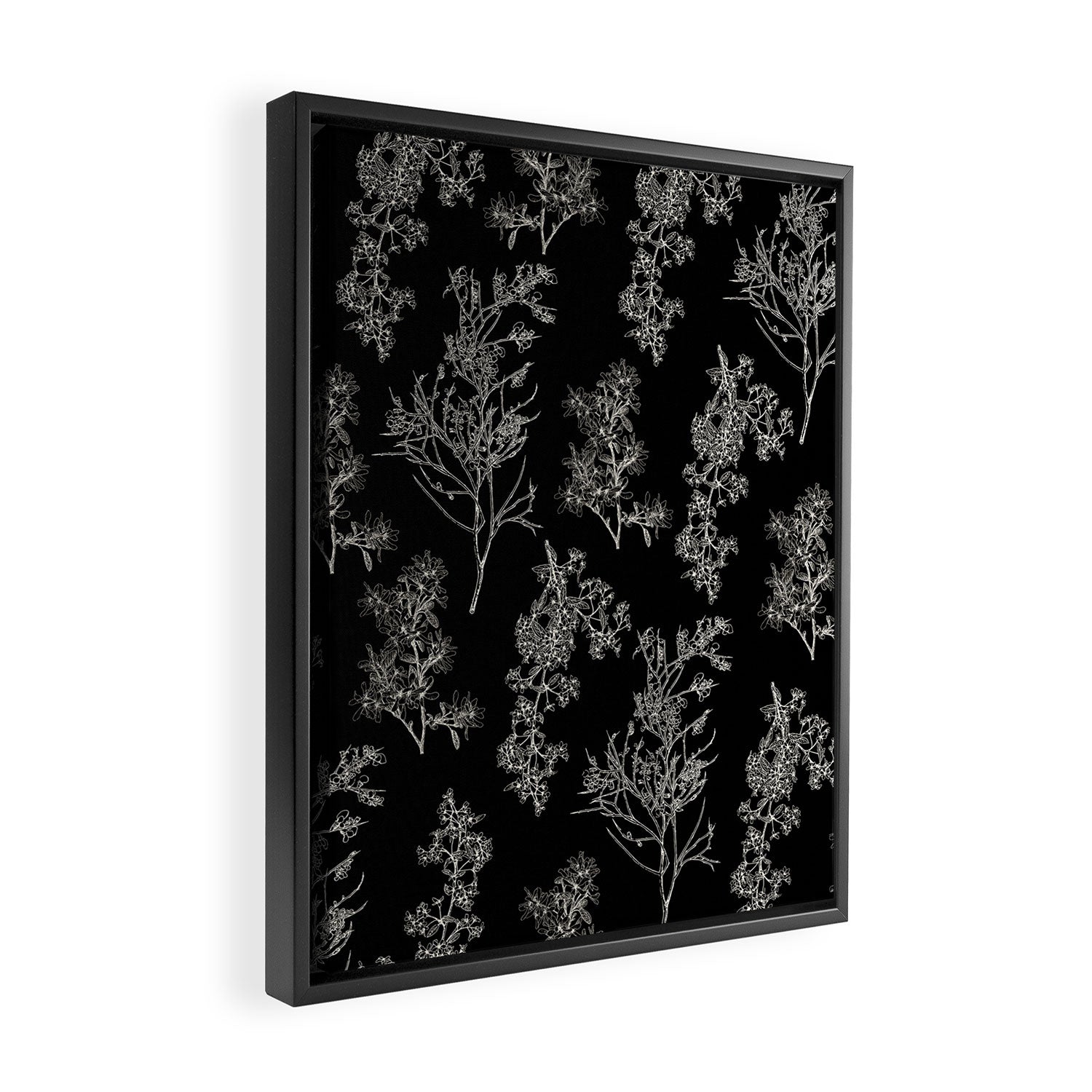 Botanical Cottage Dark Floral Pattern in Black and Cream Framed Canvas Print Gallery Image 2