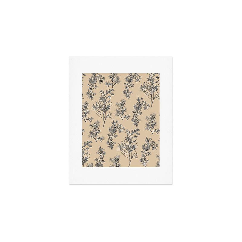 Botanical Cottage Floral Pattern in Beige and Navy Blue Art Print Gallery Image 1