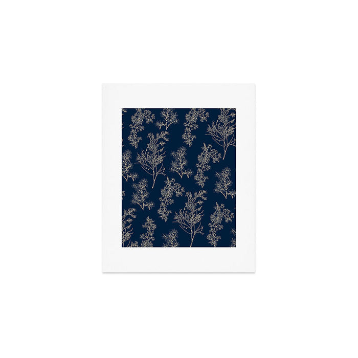 Botanical Cottage Floral Pattern Navy Blue and Beige Art Print Gallery Image 1