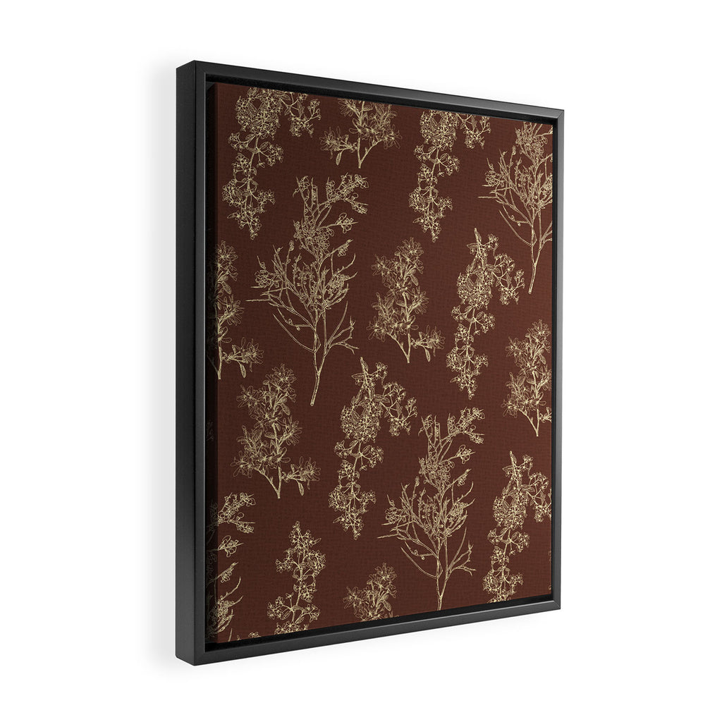 Botanical Cottage Woven Look Pattern in Dark Brown and Cream Framed Canvas Print Gallery Image 2