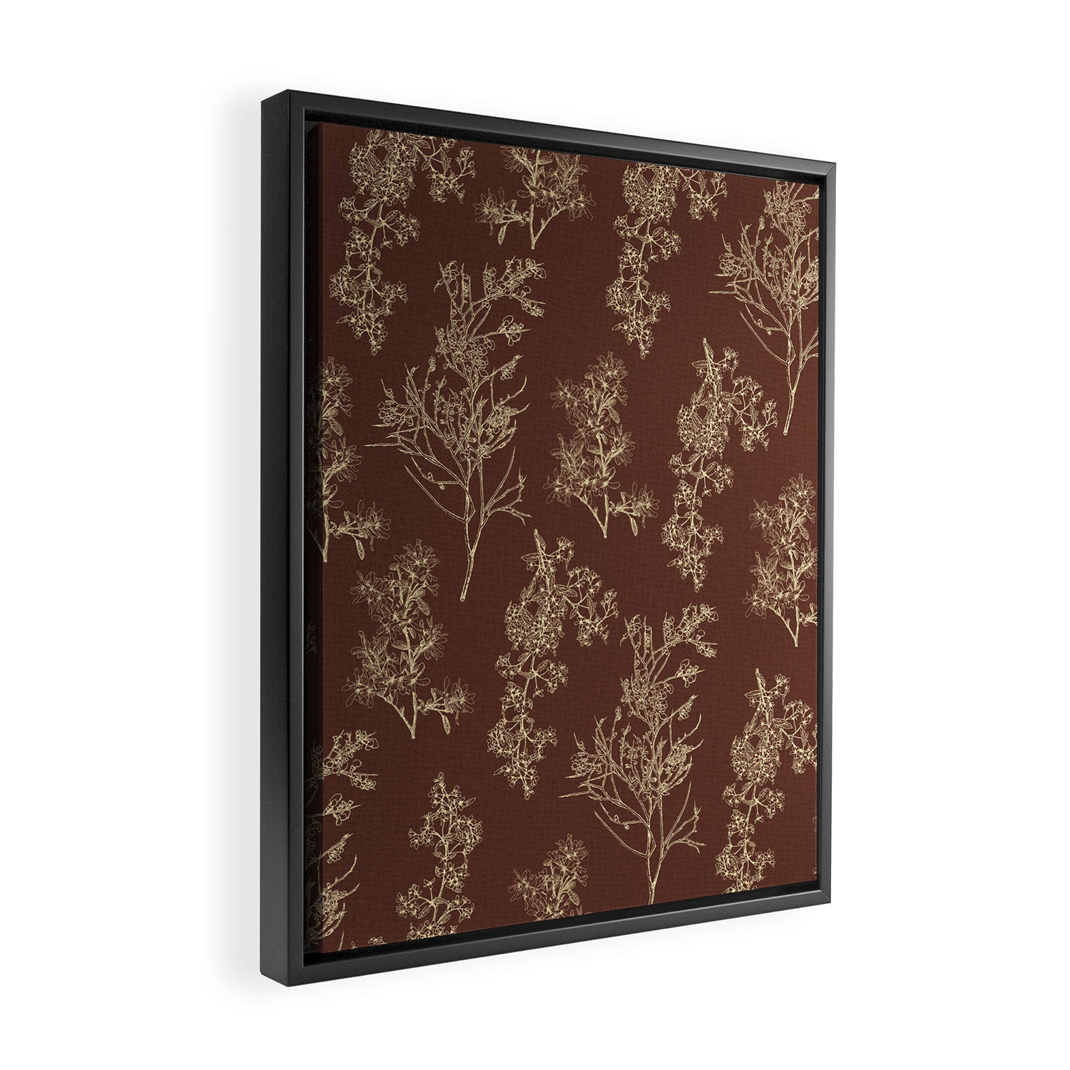 Botanical Cottage Woven Look Pattern in Dark Brown and Cream Framed Canvas Print Gallery Image 2