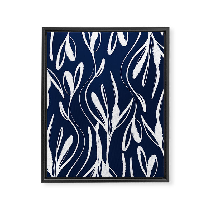 Botanical Wisps Abstract Pattern in Nautical Navy Blue and White  Framed Canvas Print Gallery Image 8