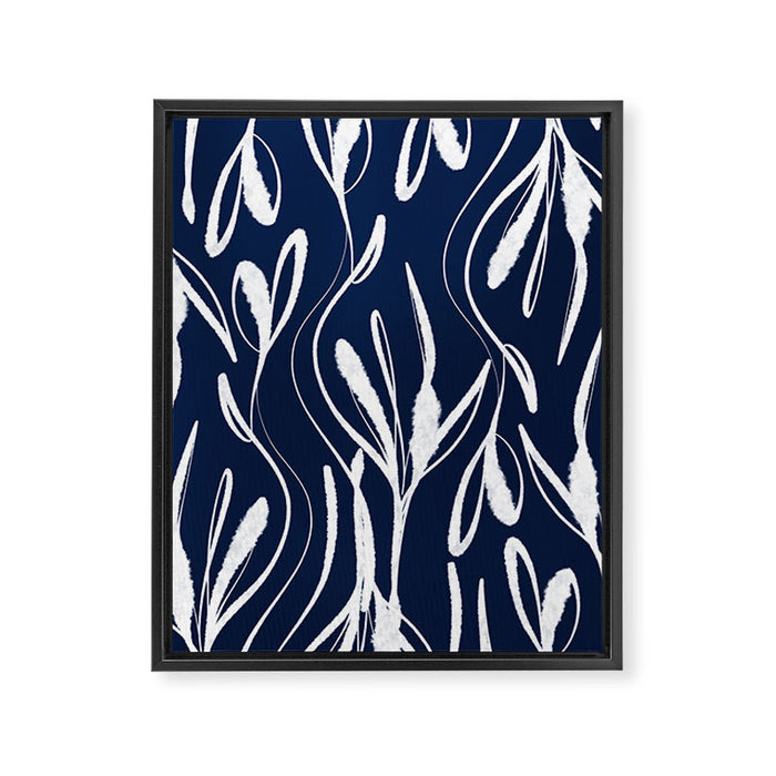 Botanical Wisps Abstract Pattern in Nautical Navy Blue and White  Framed Canvas Print Gallery Image 1