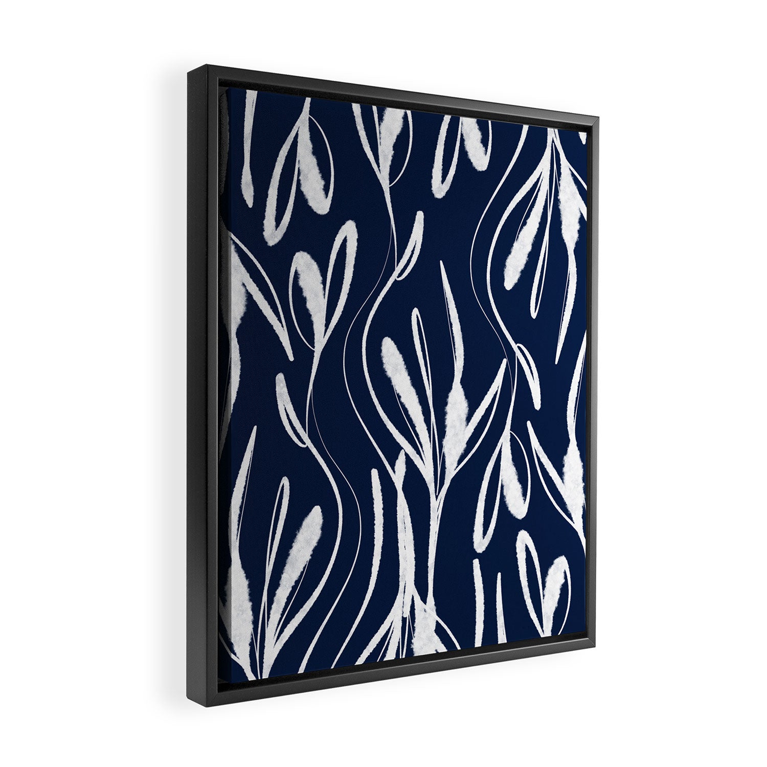 Botanical Wisps Abstract Pattern in Nautical Navy Blue and White  Framed Canvas Print Gallery Image 2