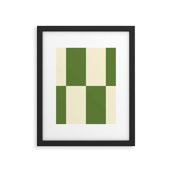 Broad Block Stripes Minimal Checkered Pattern in Retro Green and Cream Framed Art Print Gallery Image 1