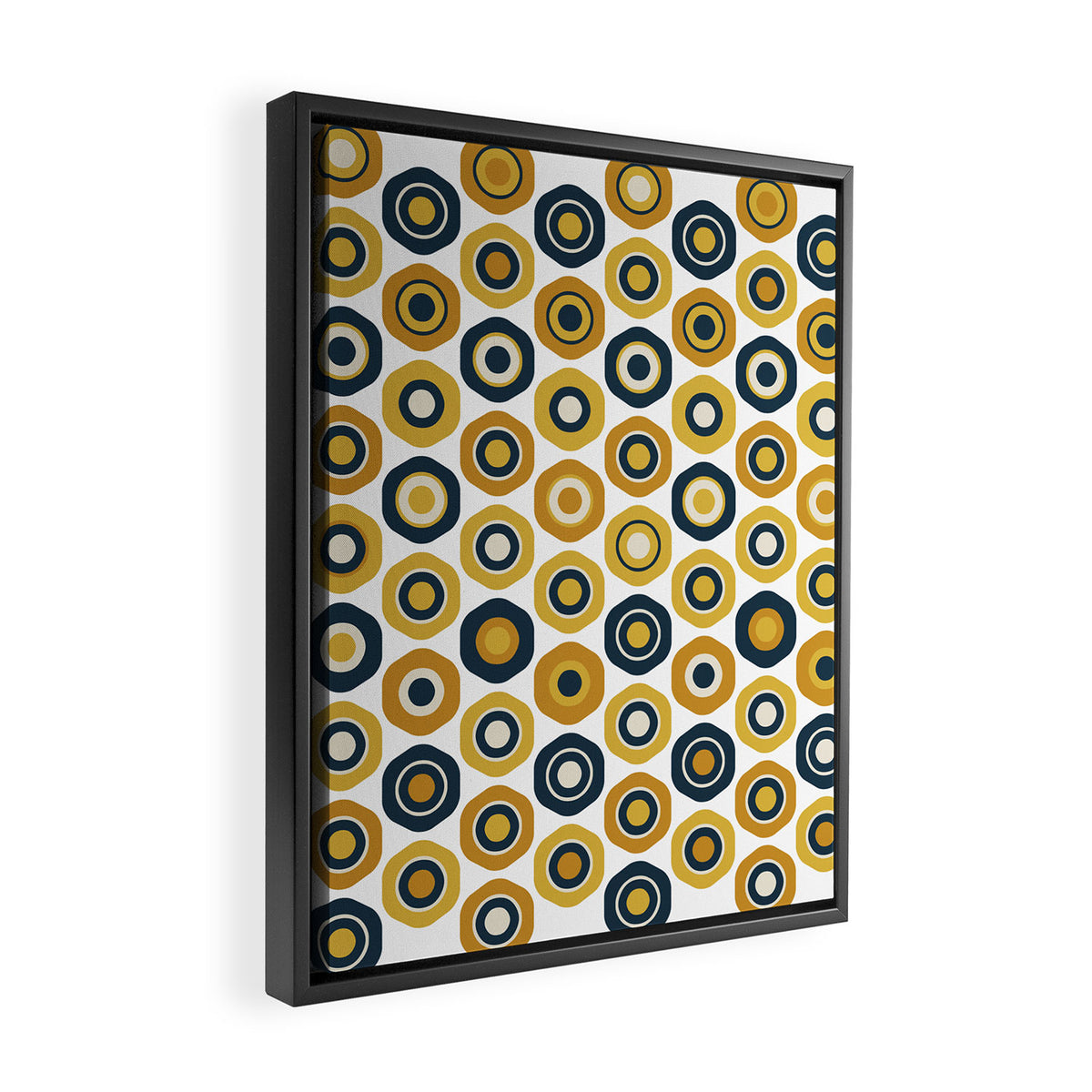 Buttons. Cute Geometric Pattern in Mustard Yellows, Blue, and Taupe on White Framed Canvas Print Gallery Image 2
