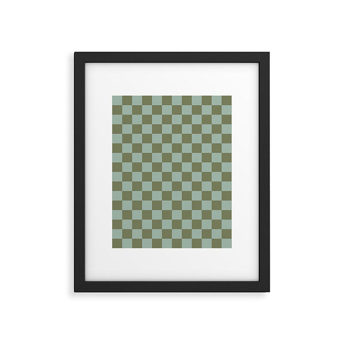 Checkerboard Check Checked Pattern in Vintage Olive Green and Pale Celadon Teal Blue Framed Art Print Gallery Image 1