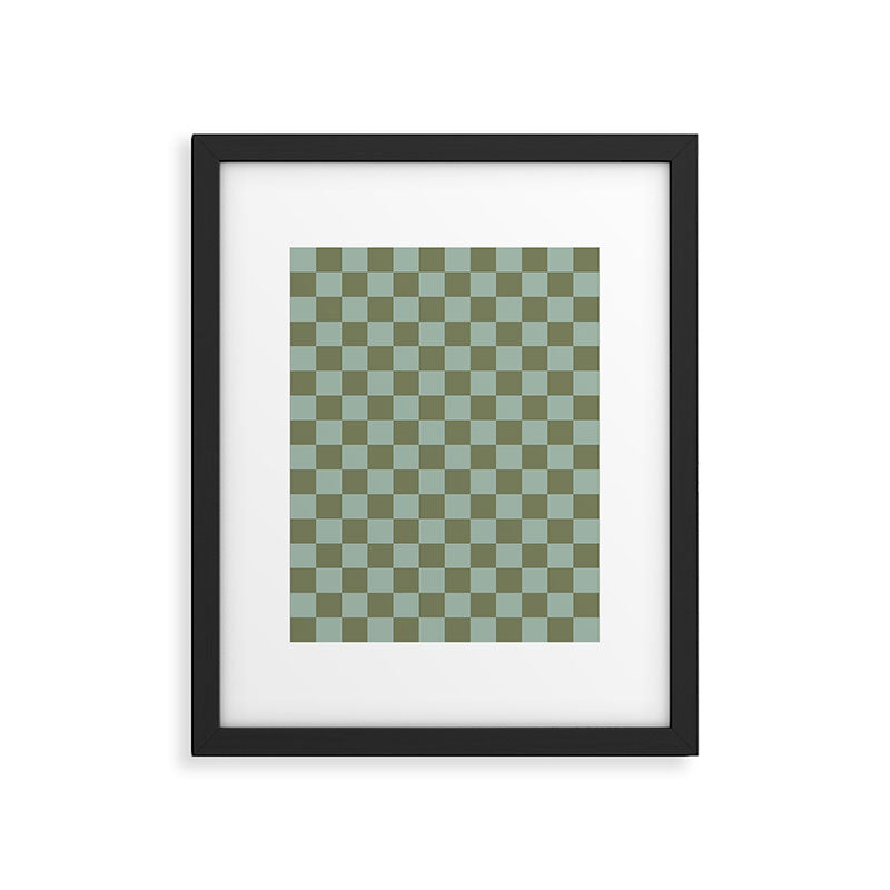 Checkerboard Check Checked Pattern in Vintage Olive Green and Pale Celadon Teal Blue Framed Art Print Gallery Image 6