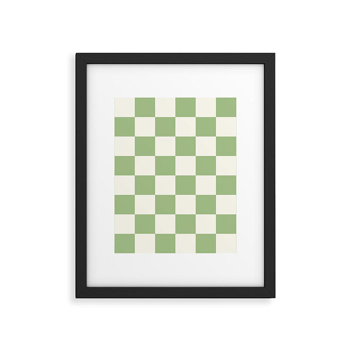 Checkerboard Check Checkered Pattern in Light Sage Green and Cream Framed Art Print Gallery Image 1