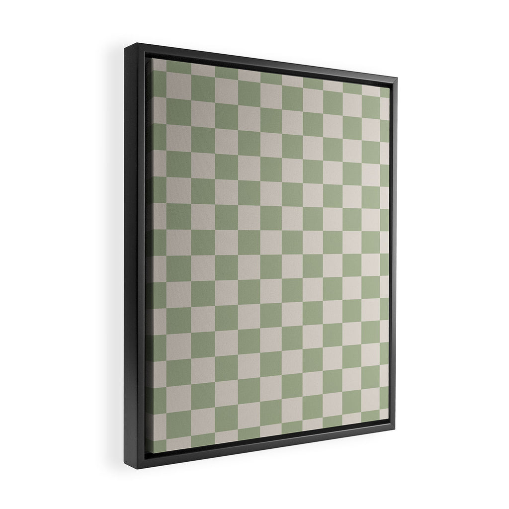 Checkerboard Check Checkered Pattern in Sage Green and Beige Framed Canvas Print Gallery Image 2