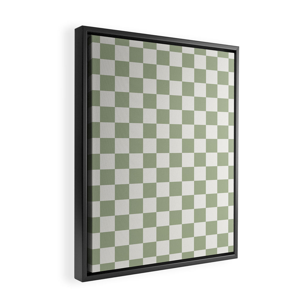 Checkerboard Check Checkered Pattern in Sage Green and Off White Framed Canvas Print Gallery Image 2