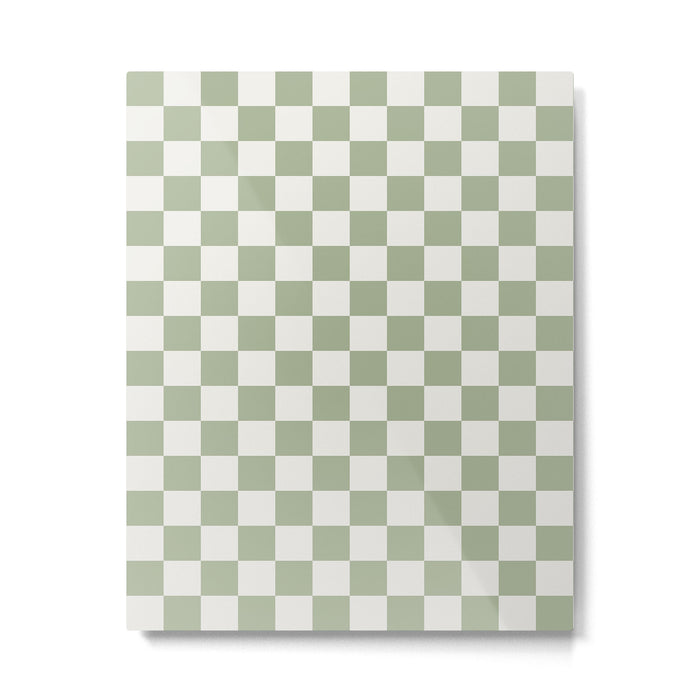 Checkerboard Check Checkered Pattern in Sage Green and Off White Metal Print Gallery Image 1