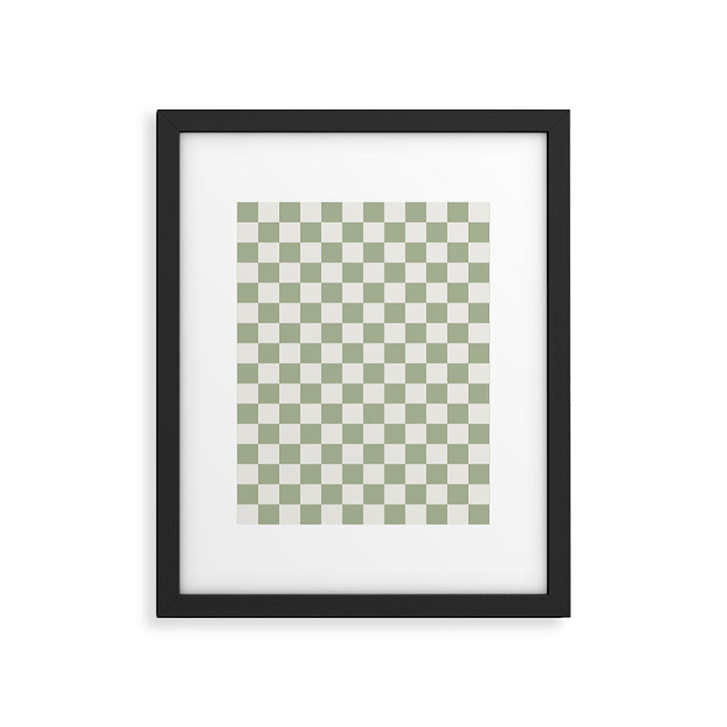 Checkerboard Check Checkered Pattern in Sage Green and Off White Framed Art Print Gallery Image 6