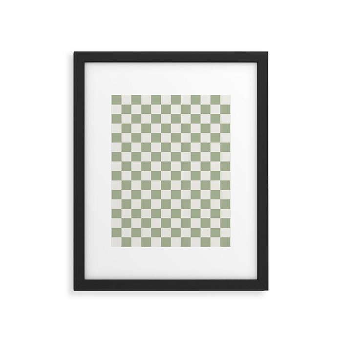Checkerboard Check Checkered Pattern in Sage Green and Off White Framed Art Print Gallery Image 1