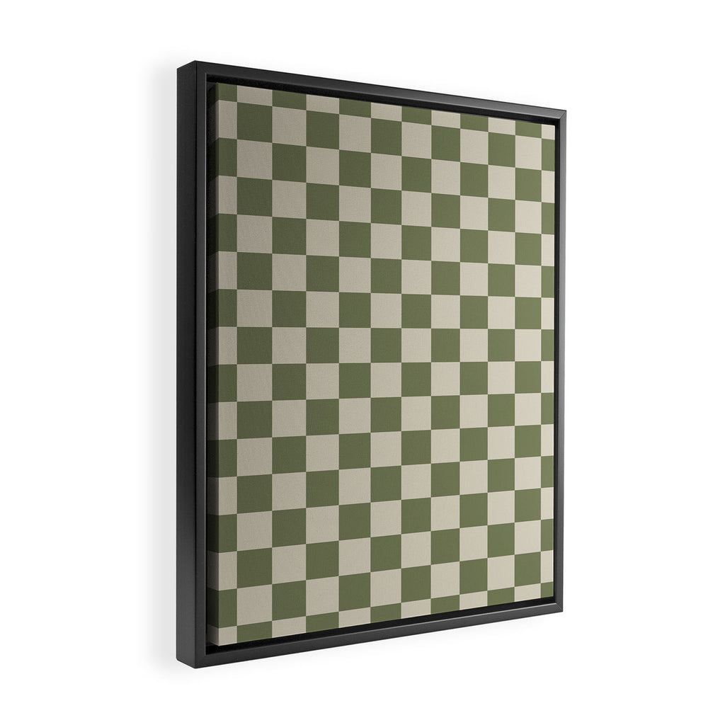 Checkerboard Check Checkered Pattern in Sage Olive Green and Beige Framed Canvas Print Gallery Image 2