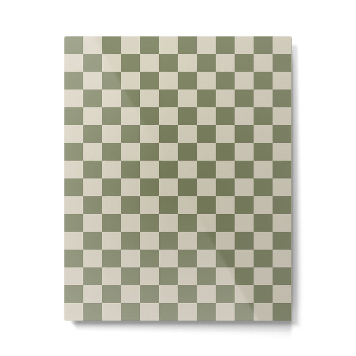 Checkerboard Check Checkered Pattern in Sage Olive Green and Beige Metal Print Gallery Image 1