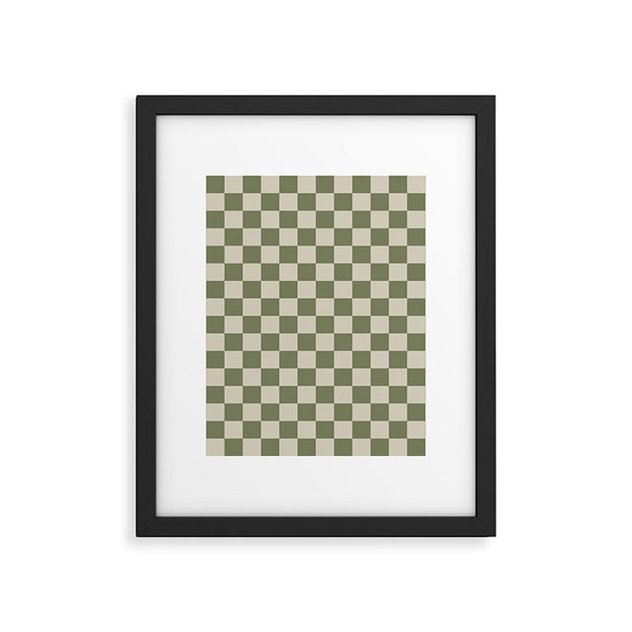 Checkerboard Check Checkered Pattern in Sage Olive Green and Beige Framed Art Print Gallery Image 1