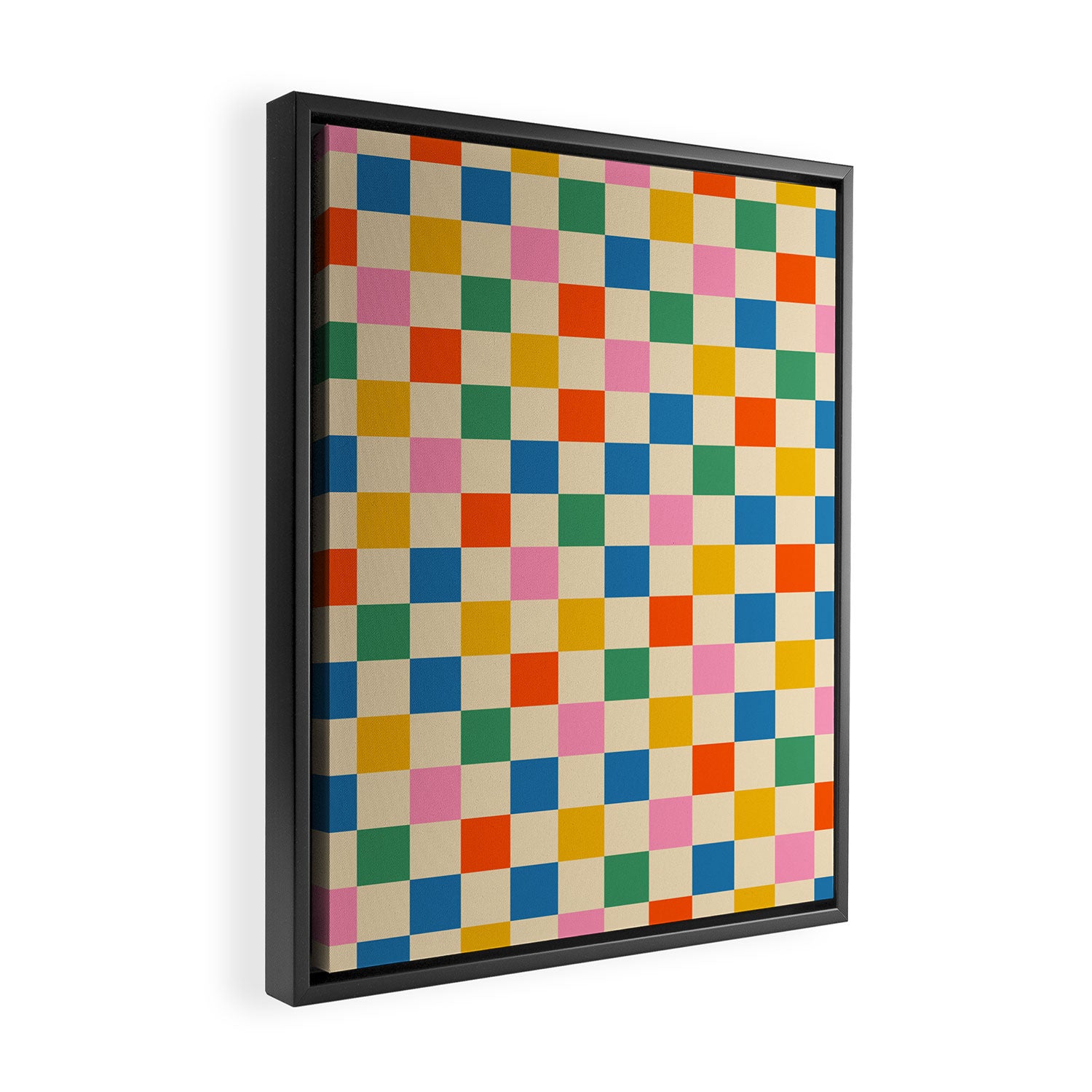 Checkerboard Check Colorful Geometric Checked Pattern Blue Green Pink Mustard Orange Cream Framed Canvas Print Gallery Image 2