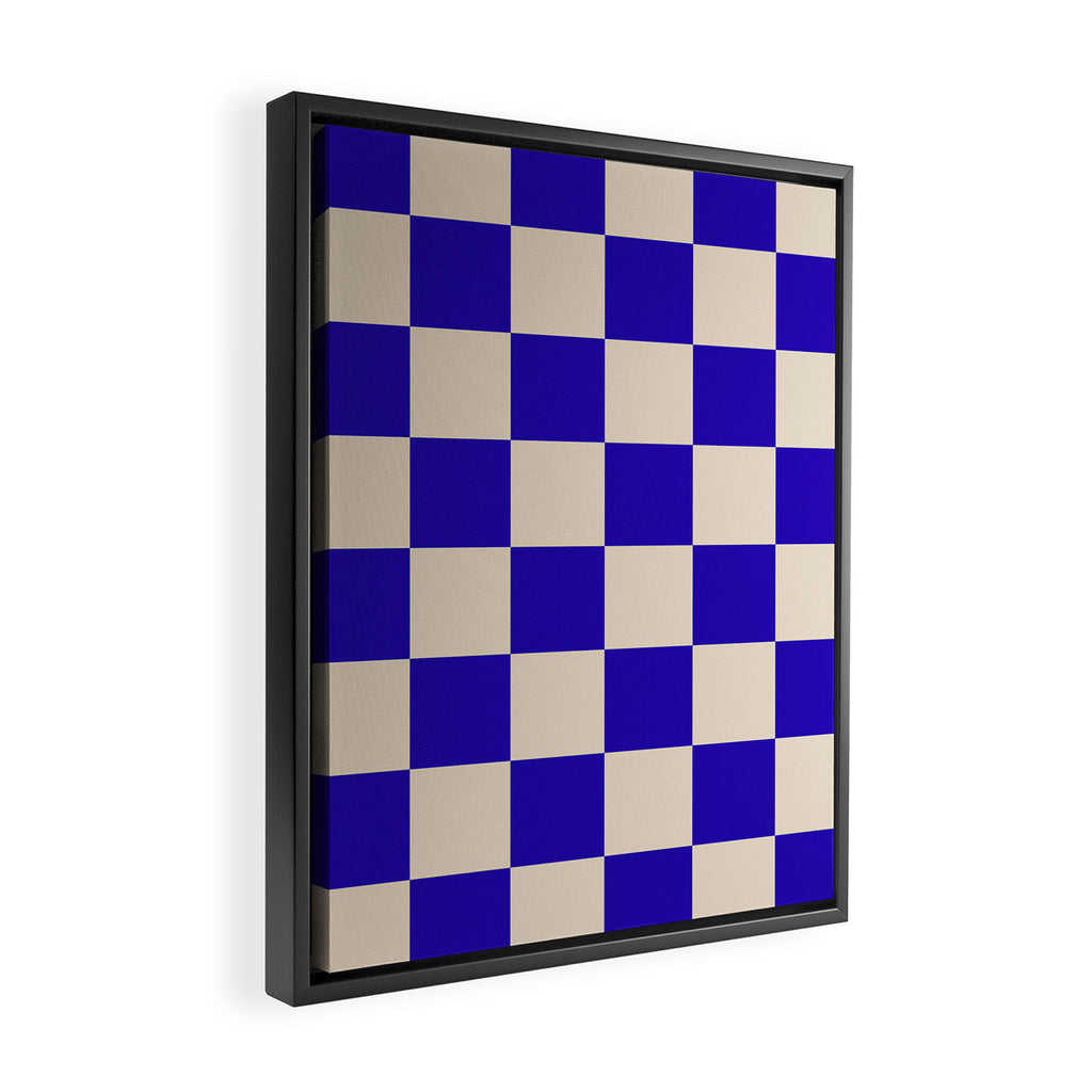 Checkerboard Check Pattern in Cobalt Blue and Beige Framed Canvas Print Gallery Image 2