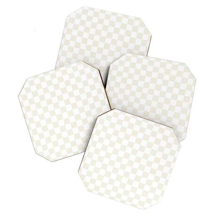 Checkerboard Check Pattern in Pale Light Neutral Beige on White Coaster Gallery Image 1