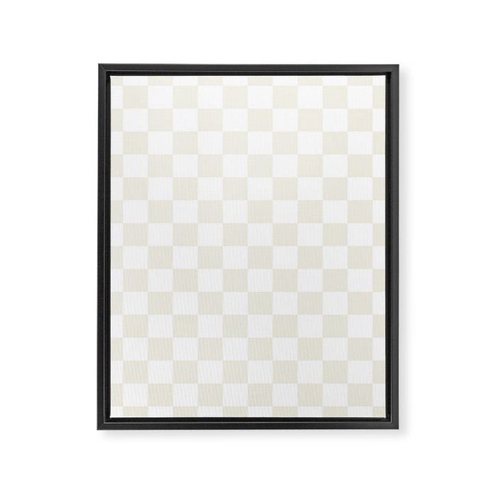 Checkerboard Check Pattern in Pale Light Neutral Beige on White Framed Canvas Print Gallery Image 1