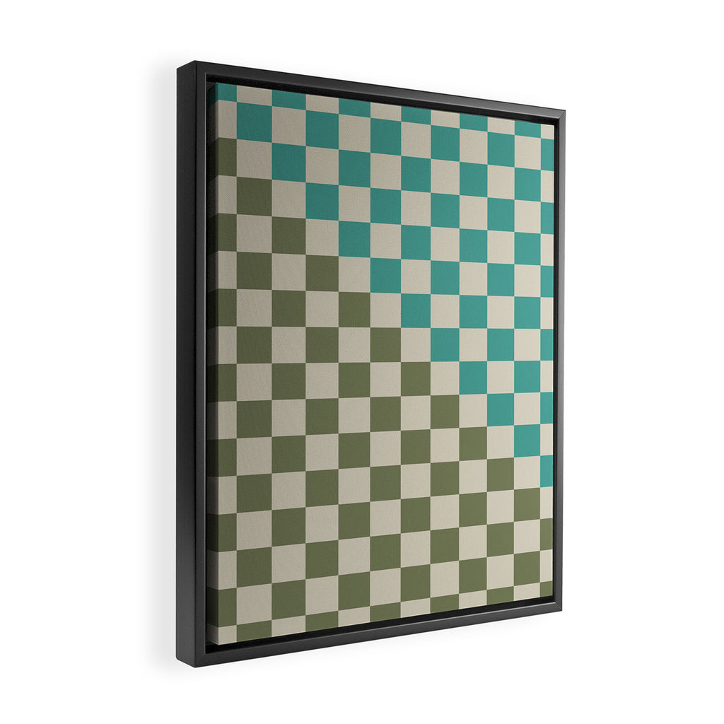 Checkerboard Diagonal Check Pattern in Vintage Olive Green and Turquoise Teal Framed Canvas Print Gallery Image 2