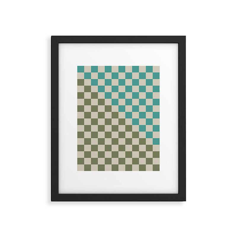 Checkerboard Diagonal Check Pattern in Vintage Olive Green and Turquoise Teal Framed Art Print Gallery Image 6