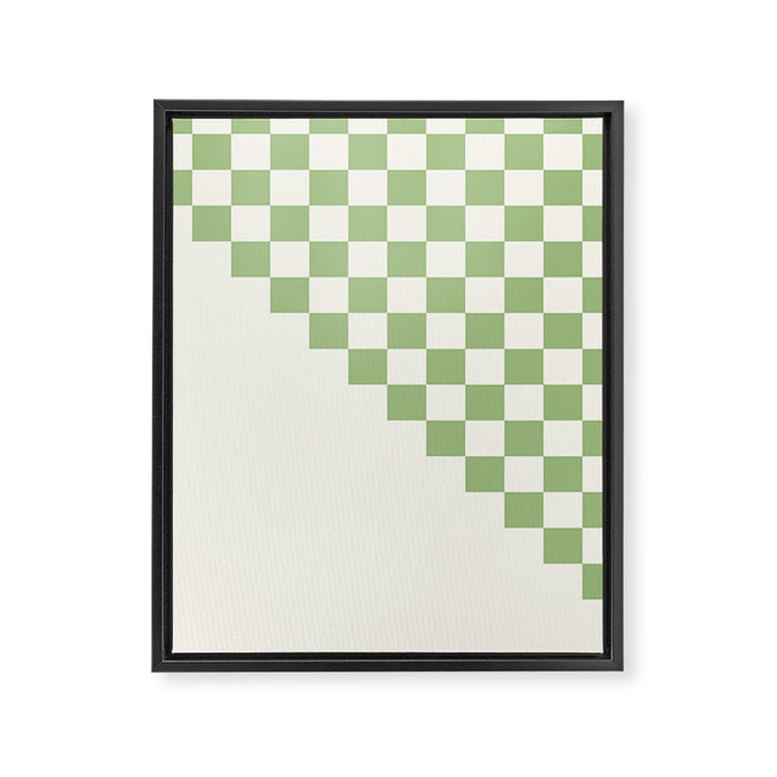Checkerboard Half Diagonal Check Pattern in Light Sage Green and Cream Framed Canvas Print Gallery Image 1