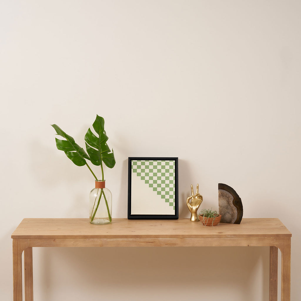 Checkerboard Half Diagonal Check Pattern in Light Sage Green and Cream Framed Canvas Print Gallery Image 4