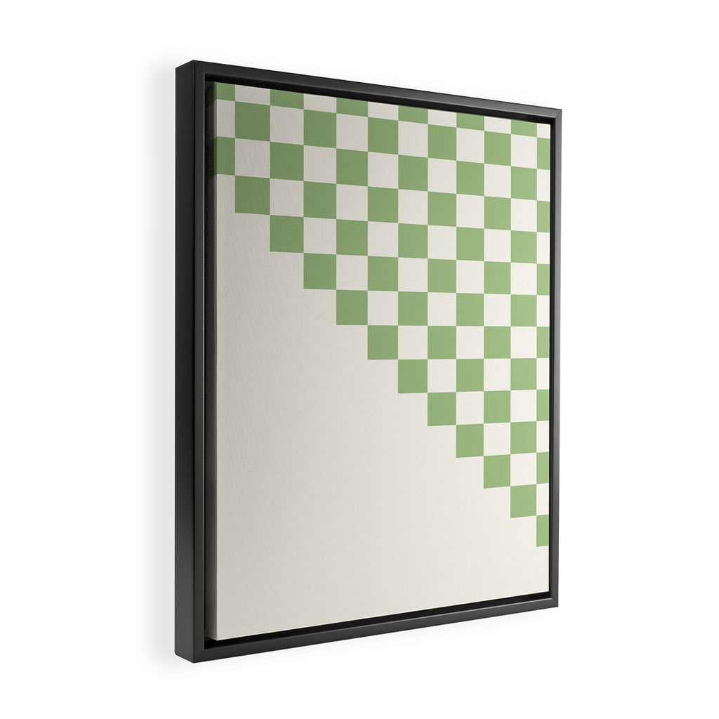Checkerboard Half Diagonal Check Pattern in Light Sage Green and Cream Framed Canvas Print Gallery Image 2