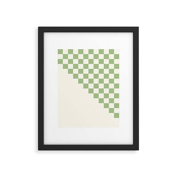 Checkerboard Half Diagonal Check Pattern in Light Sage Green and Cream Framed Art Print Gallery Image 1