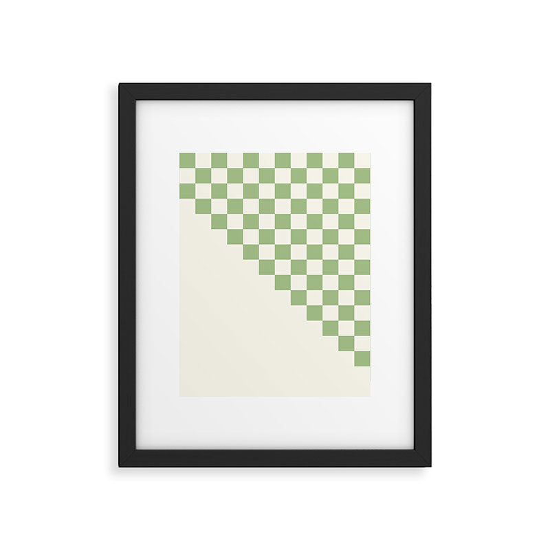 Checkerboard Half Diagonal Check Pattern in Light Sage Green and Cream Framed Art Print Gallery Image 6