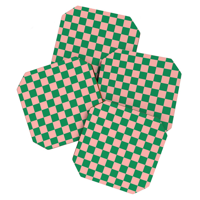 Checkerboard Mini Check Checkered Pattern Green and Pink Coaster Gallery Image 1