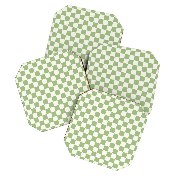 Checkerboard Mini Check Checkered Pattern Light Sage Green and Cream Coaster Gallery Image 1