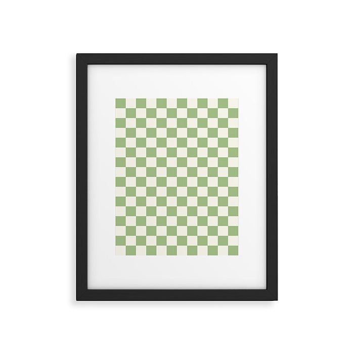 Checkerboard Mini Check Checkered Pattern Light Sage Green and Cream Framed Art Print Gallery Image 1
