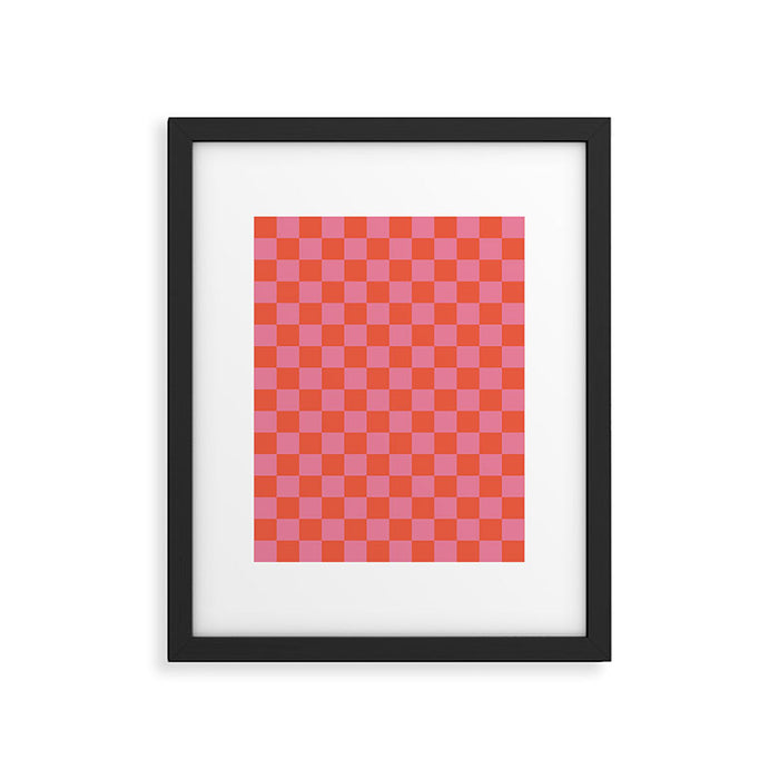 Checkerboard Mini Check Pattern in Hot Pink and Red Orange Framed Art Print Gallery Image 1