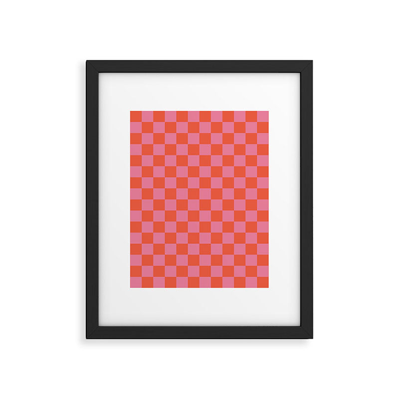 Checkerboard Mini Check Pattern in Hot Pink and Red Orange Framed Art Print Gallery Image 6