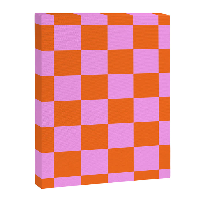 Checkerboard Retro Check Geometric Checked Pattern in Bright Orange and Pink Canvas Print Gallery Image 1