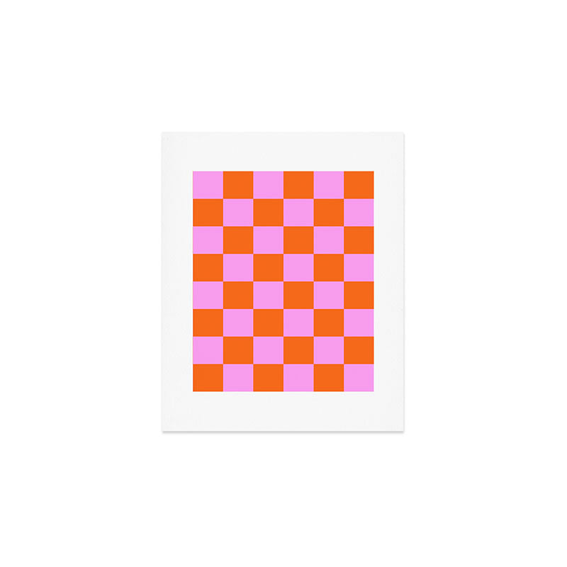 Checkerboard Retro Check Geometric Checked Pattern in Bright Orange and Pink Art Print Gallery Image 1