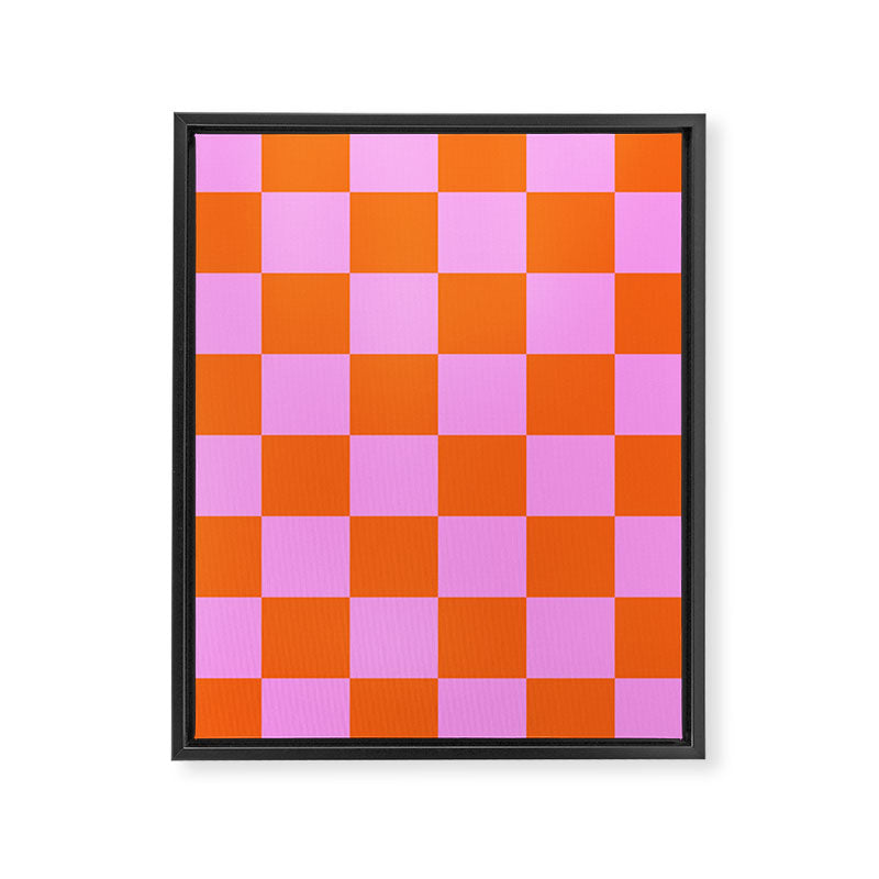 Checkerboard Retro Check Geometric Checked Pattern in Bright Orange and Pink Framed Canvas Print Gallery Image 8