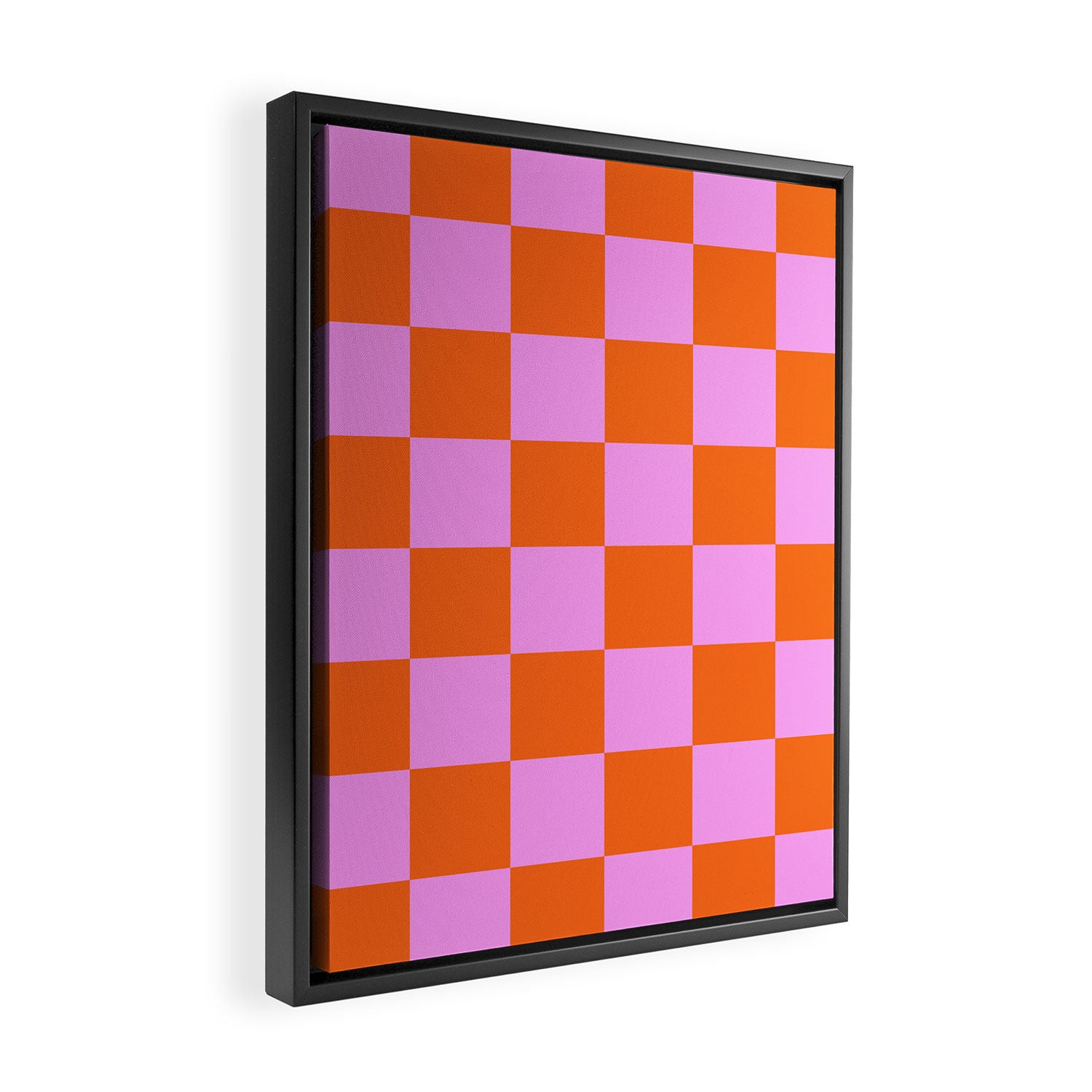 Checkerboard Retro Check Geometric Checked Pattern in Bright Orange and Pink Framed Canvas Print Gallery Image 2