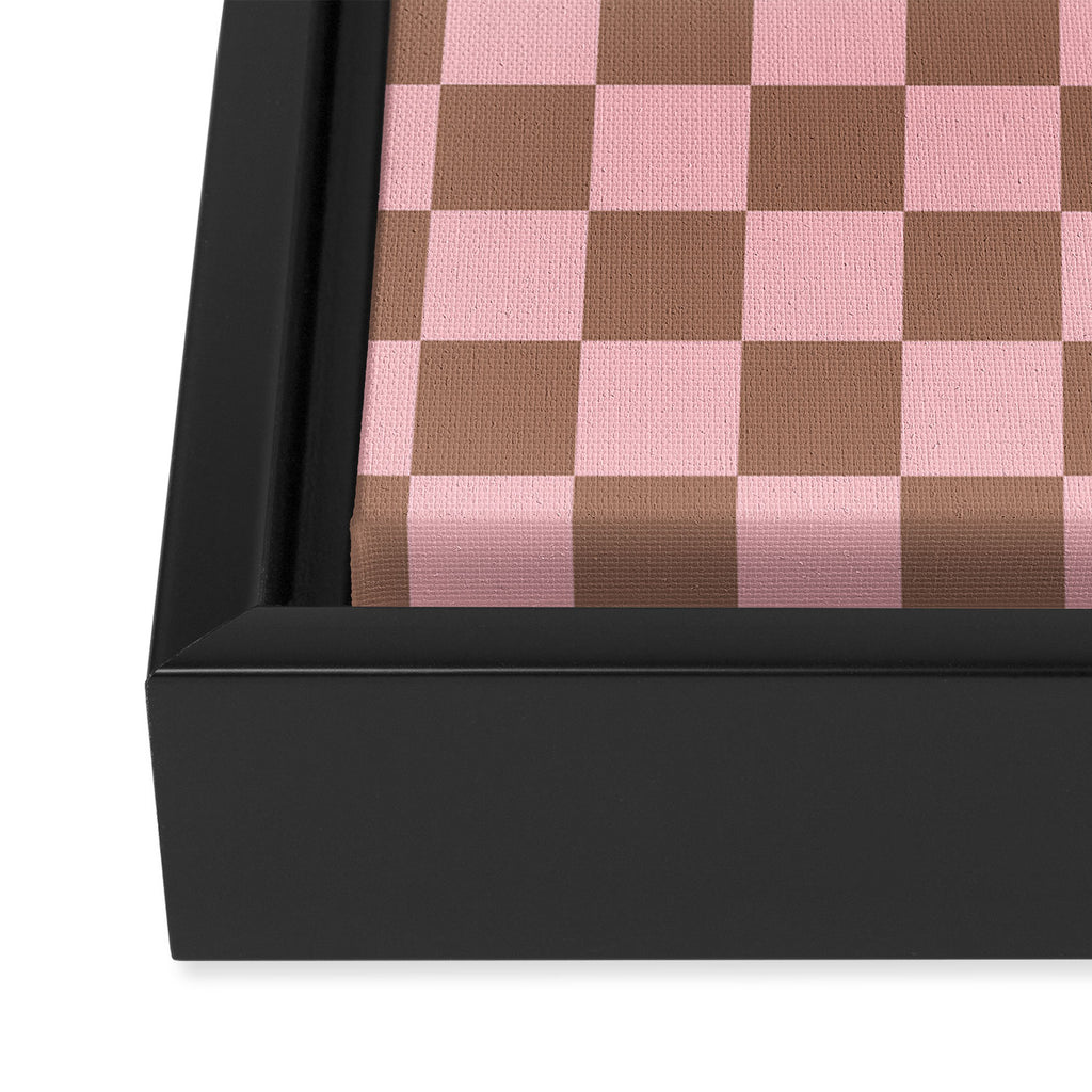 Checkered Check Checkerboard Pattern in Mocha Brown and Light Pink Framed Canvas Print Gallery Image 3