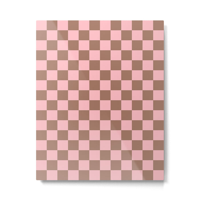 Checkered Check Checkerboard Pattern in Mocha Brown and Light Pink Metal Print Gallery Image 1