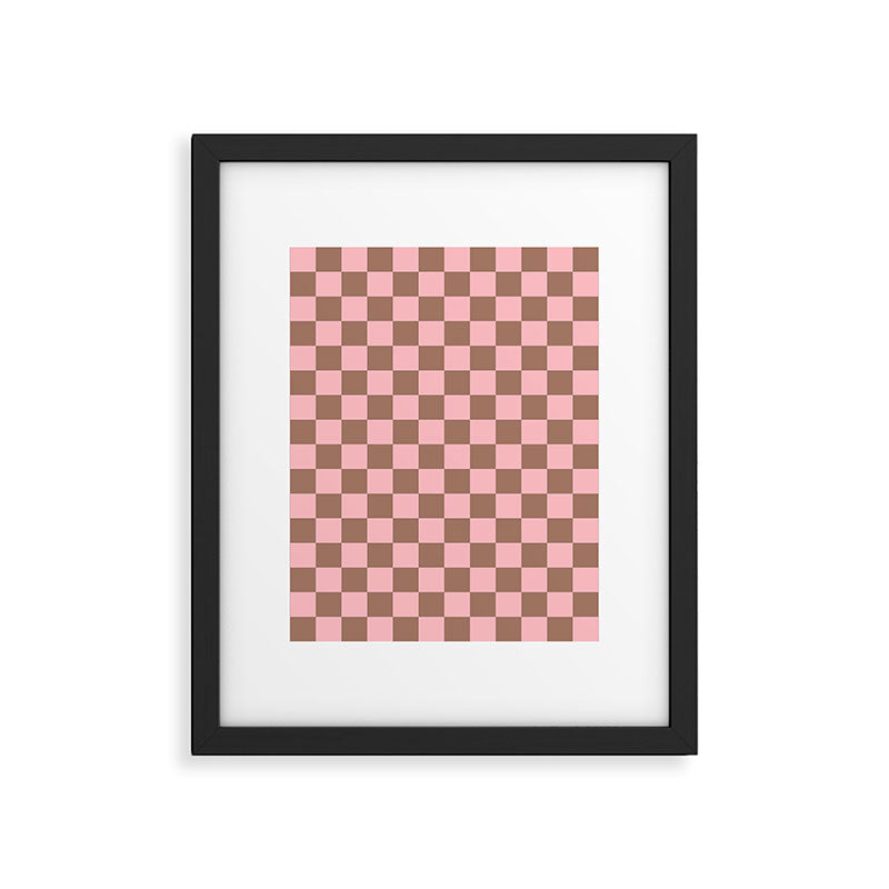 Checkered Check Checkerboard Pattern in Mocha Brown and Light Pink Framed Art Print Gallery Image 6