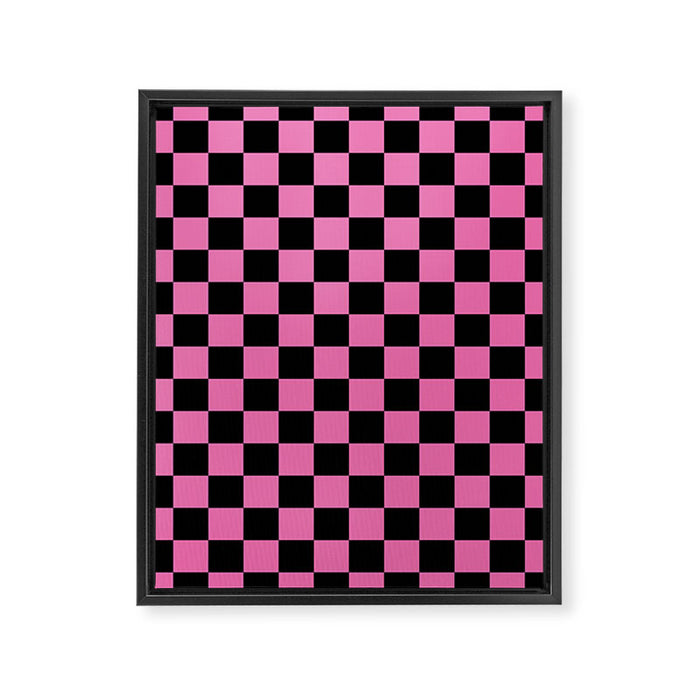 Checkered Checked Check Retro Pattern in Hot Pink and Black Framed Canvas Print Gallery Image 1